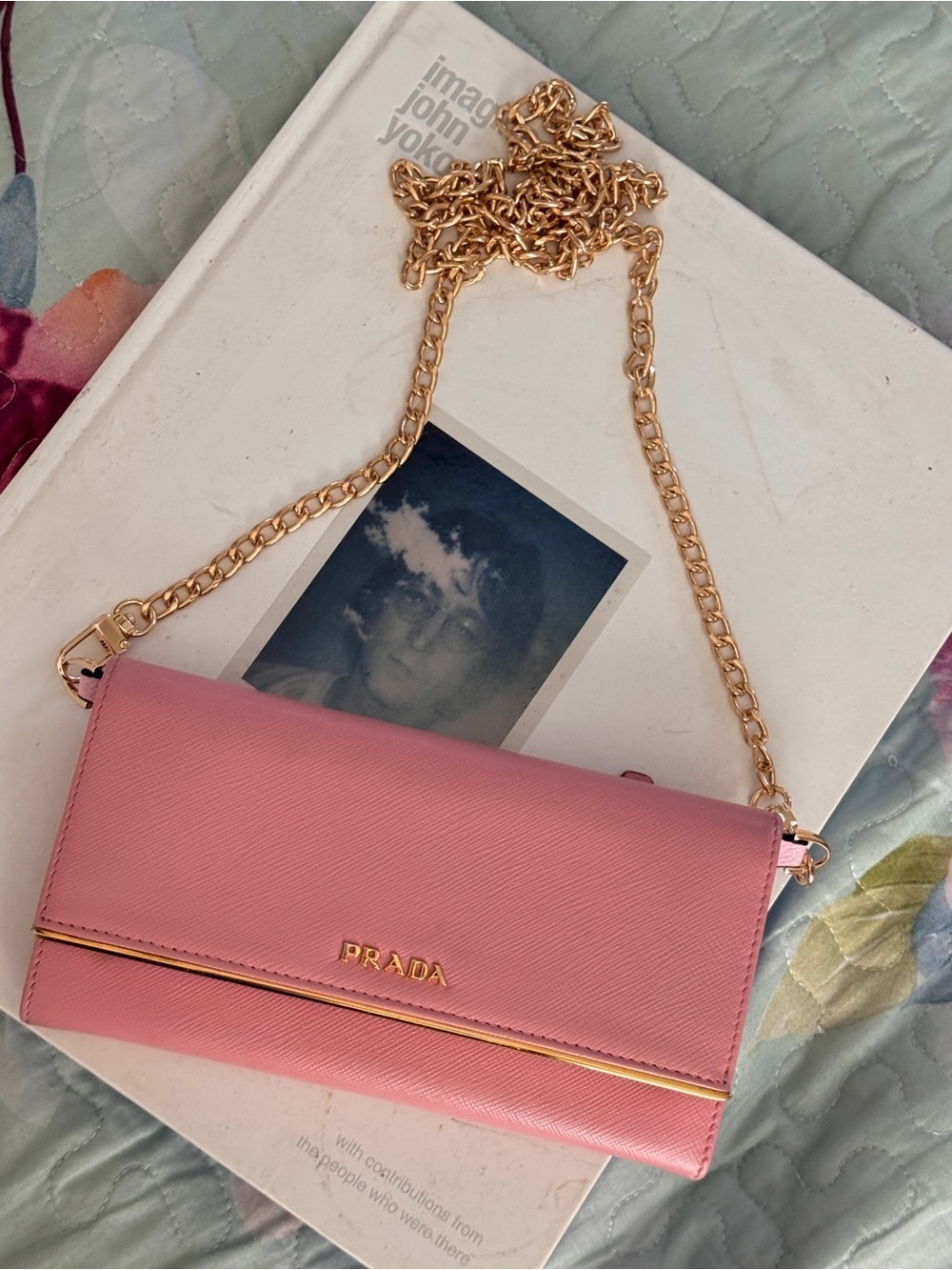 Authentic Prada Pink Saffiano Crossbody Wallet with Gold Chain Strap